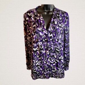 Michael Michael Kors Purple Feather Print Chiffon Blouse Button Up Size Medium